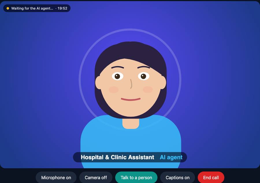 A guest in a browser video call with an animated AI assistant, with a Talk to a person button
