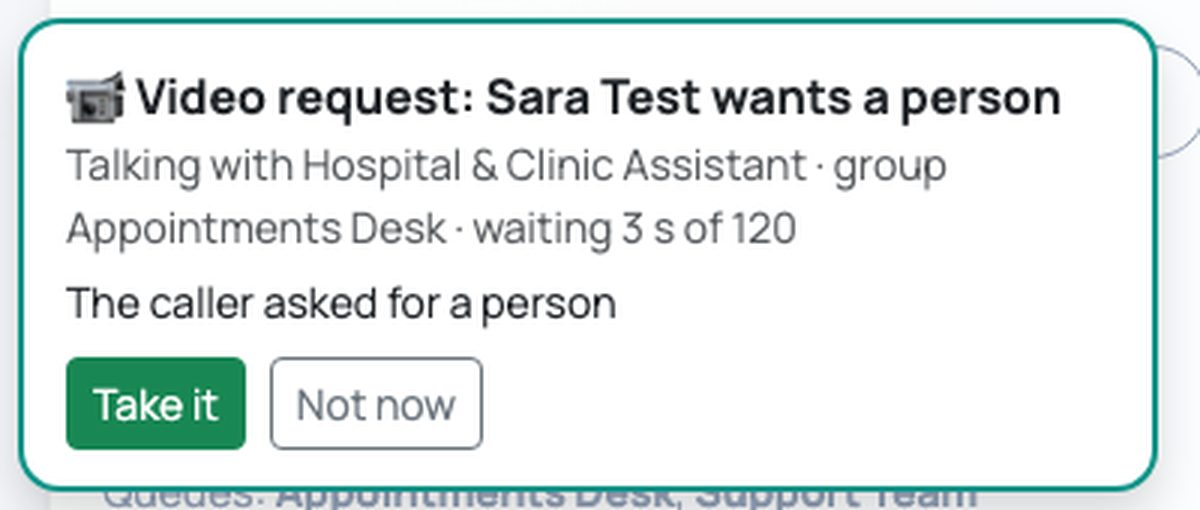 The alert a person sees in the agent portal when a caller asks for a person, with a Take it button